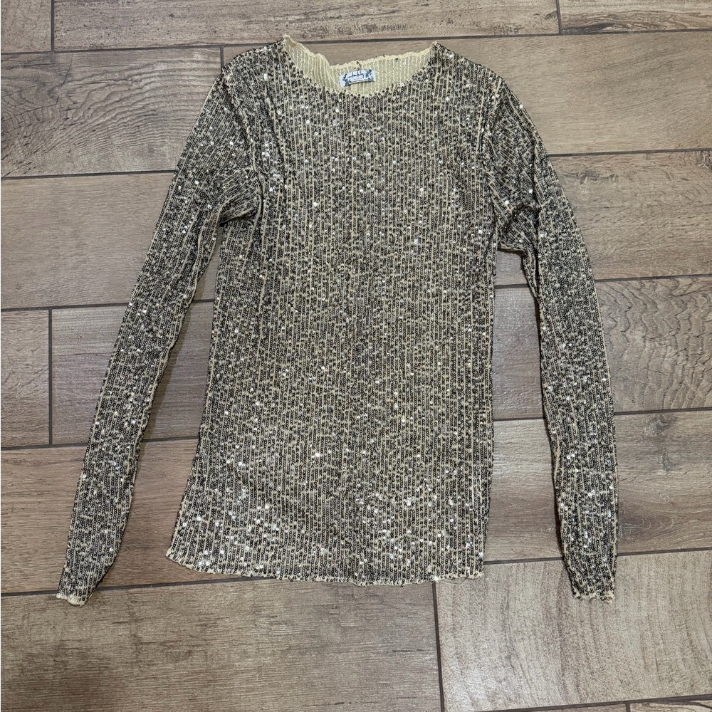 Free People Gold Sequin Long Sleeve Top
